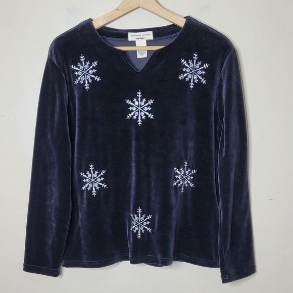 Bechamel Holiday Velvet Top PL Snowflakes Rhinestone Winter Christmas Party - Picture 2 of 7